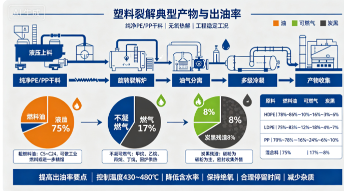 塑料裂解典型产物与出油率（纯净 PE/PP 干料）